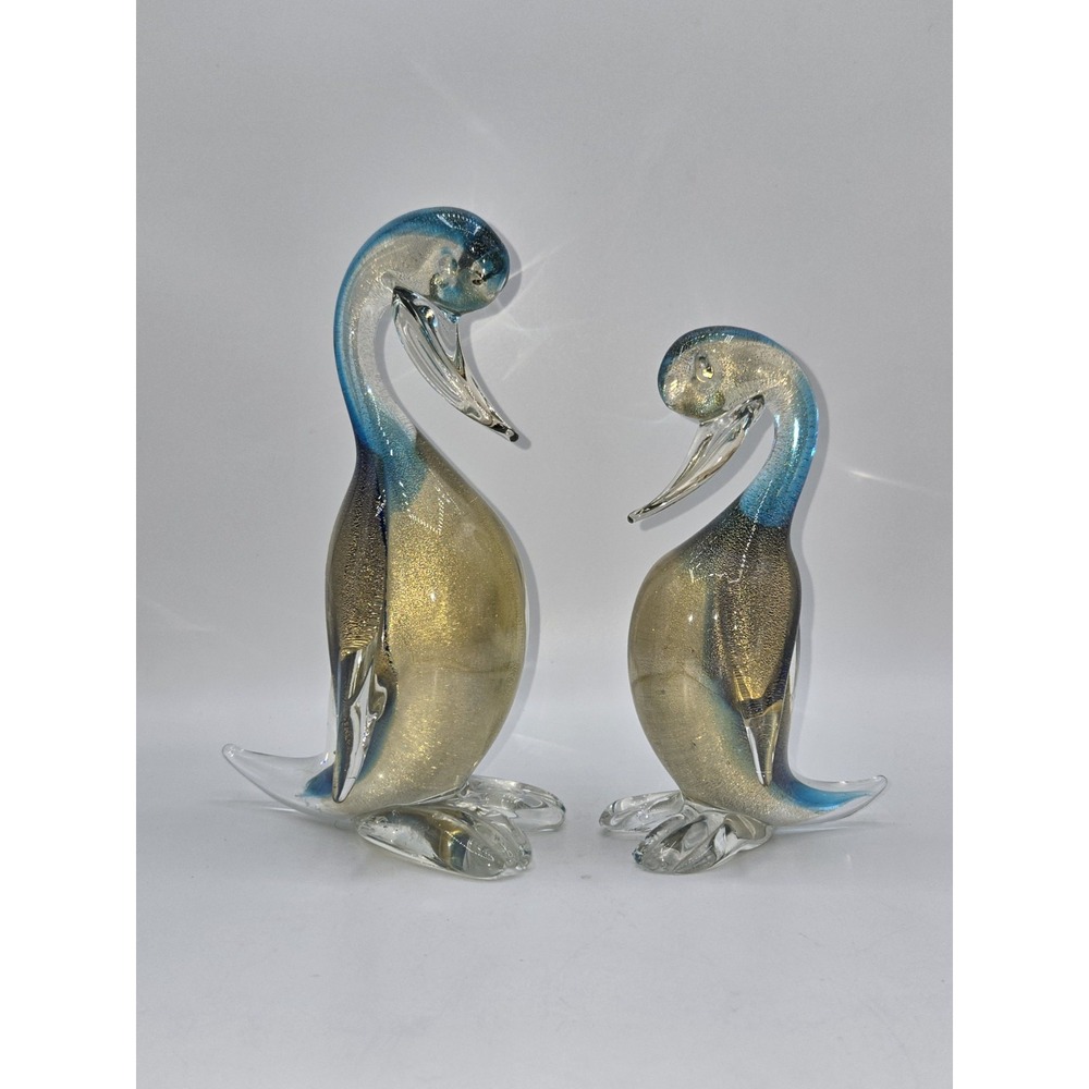 Cenedese Murano Glass Duck Figurines Pair Gold Fleck Blue Art Glass